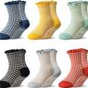 Eocom Toddler Ruffle Socks Baby Girls Non Slip Frilly Dress Cotton Grips Socks 6 Pairs (6-12 Months, Check)