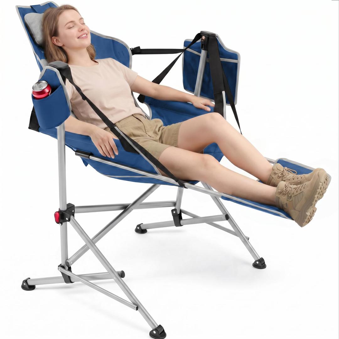 Hammock Camping Chair with Footrest, Oversized Swinging Folding Camp Chair for Adults, Adjustable Back & Seat, Heavy Duty Rocking Chair with Cup Holder & Pillow for Outdoor Patio Lawn RV, Blue