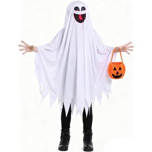 Kids Halloween Ghost Costume, Ghost Sheet Costume with Pumpkin Basket for Boys and Girls, Cute Cosplay Outfits for Halloween Dress-Up Party, One Size for 4-9 Years