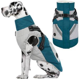 IECOii Large Dog Coat with Harness Built in, Reflective Waterproof Dog Coat for Giant Breeds - Zip Up Fleece Jacket for Dogs, Great Dane Winter Coats Warm Snowsuit for Cold Weather, Turquoise Green, 4XL (XXXX-Large, Chest: 47.24 in)