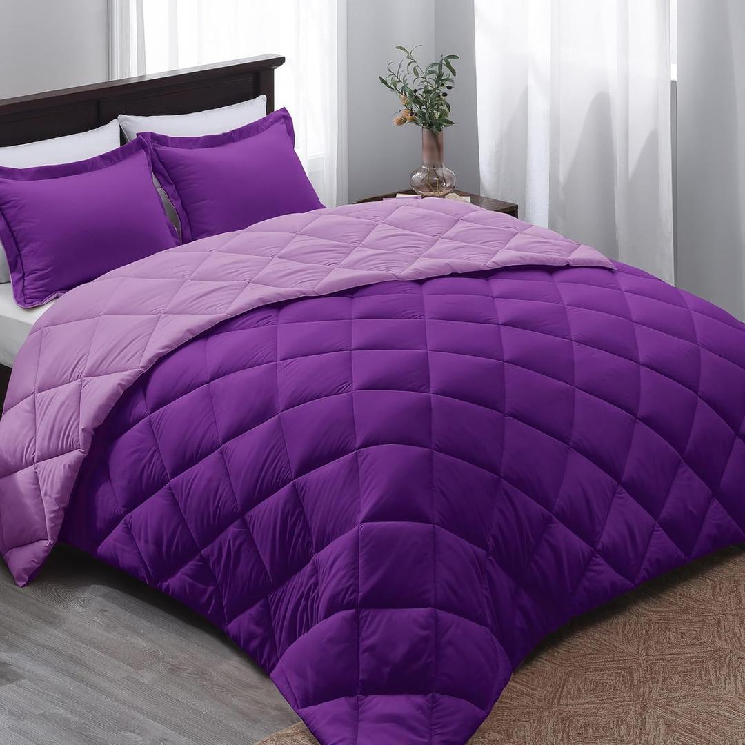 Basic Beyond Queen Comforter Set - Reversible Purple/Lilac Comforter (88"x92") and 2 Pillow Shams (20"x26"+2") for All Seasons