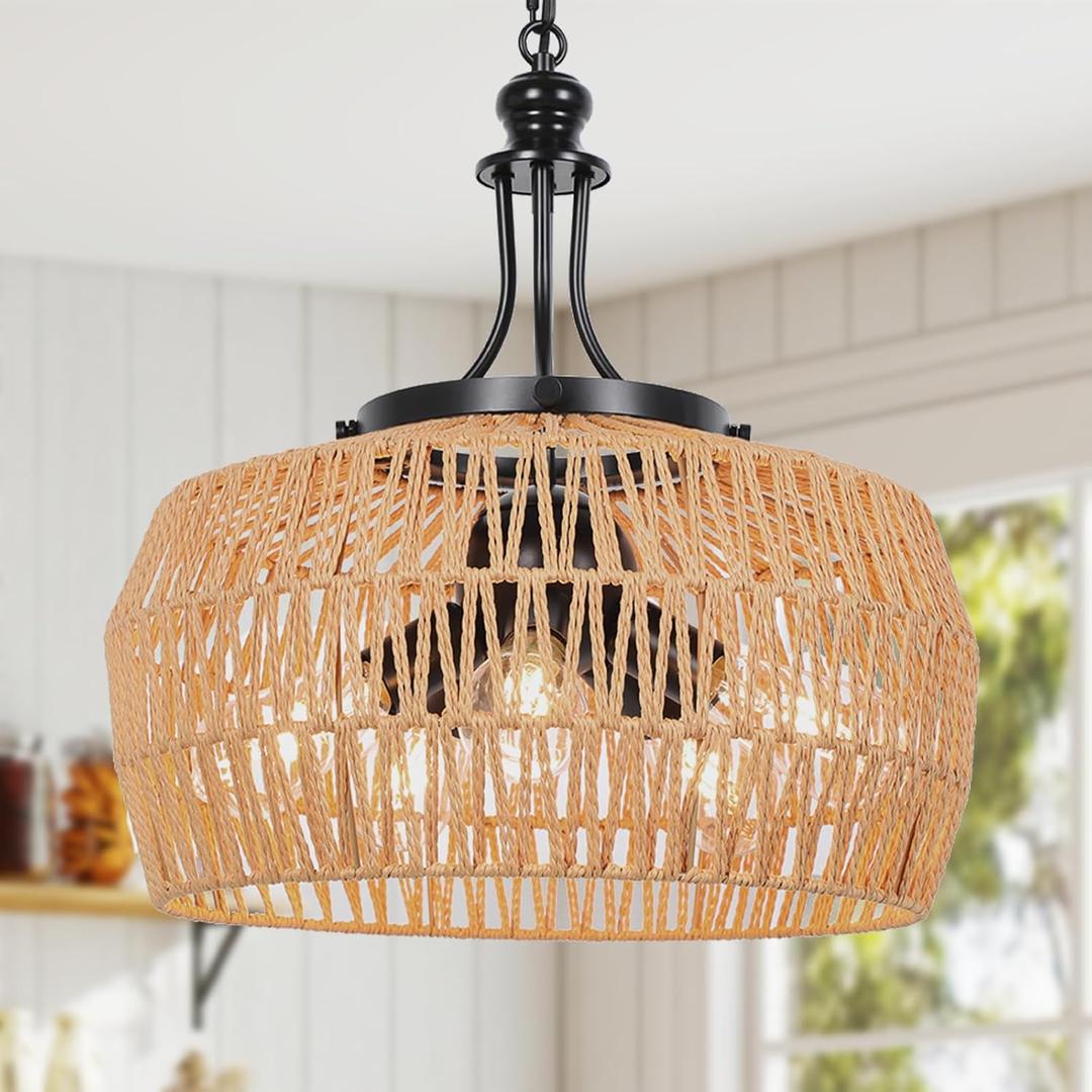 SOTTAE Rattan Boho Chandeliers for Dining Room,5-Light Adjustable Farmhouse Chandelier Light Fixture with Wicker Lampshade,Boho Hanging Pendant Lighting for Kitchen Island, Bedroom, Living Room, large