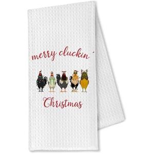 OTOUO Chicken Christmas Kitchen Towels, Chicken Gifts for Women Chicken Lovers, Chicken Mom Lady Gifts, Chicken Dish Towels, Christmas Tea Towels, Funny Chicken Christmas Hand Towels, 16x24 Inch 2 Pack
