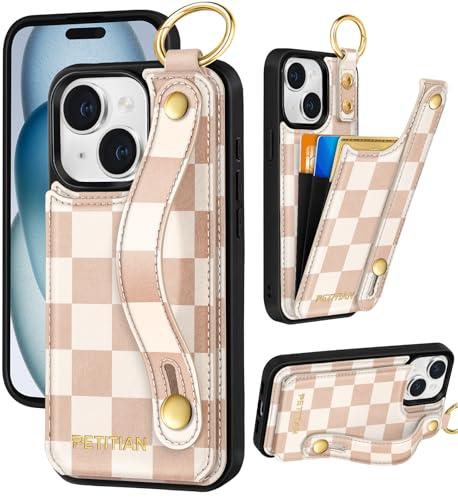 Petitian for iPhone 15 Wallet Case - Women Girls Cute Girly Aesthetic Unique Design Leather Credit Card Holder Phone Cover Stand Wristband for iPhone 15, Khaki Checkered