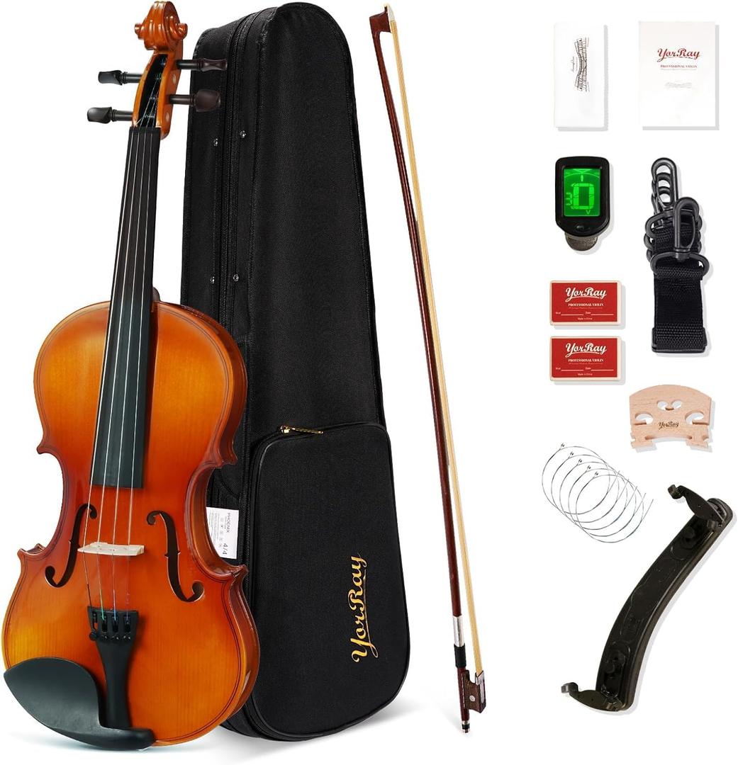 Violin 4/4 Full Size Kit for Adults Beginner, Violin Fiddle Set for Student with Rosewood Bow,Extra Strings&Bridge, Fingerboard Stickers, Shoulder Rest, Case,2 rosins(Plywood)