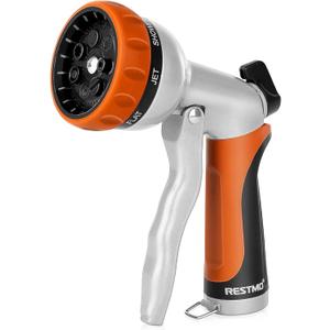 RESTMO Garden Hose Nozzle, Heavy Duty Metal Water Hose Nozzle with 7 Adjustable Spray Patterns, High Pressure Hand Sprayer with Flow Control, Best for Watering Plant & Lawn, Washing Car & Pet, Orange