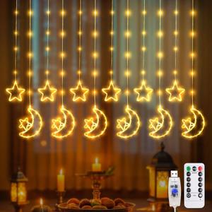 Ramadan Curtain String Lights, 138LED 11.5ft x 2.6ft Warm White Moon and Star Lights with 8 Lighting Modes, Fairy Lights with Remote Control, Eid Decorations Lights for Home Window Decor