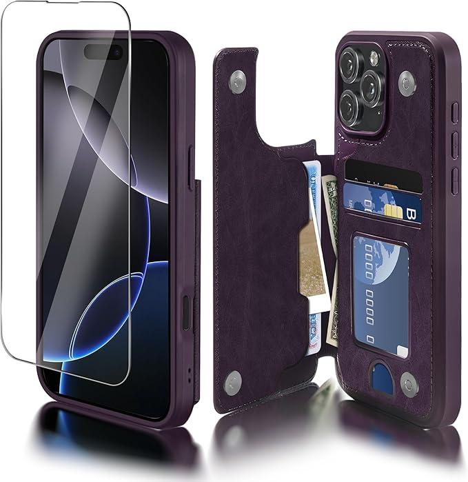 Pack of 2, Seltureone for iPhone 16 Pro Max Case Wallet with Card Holder & Screen Protector, Premium PU Leather, Dual Magnetic Clasp and Durable Shockproof for iPhone 16 Pro Max Wallet Case – Blue