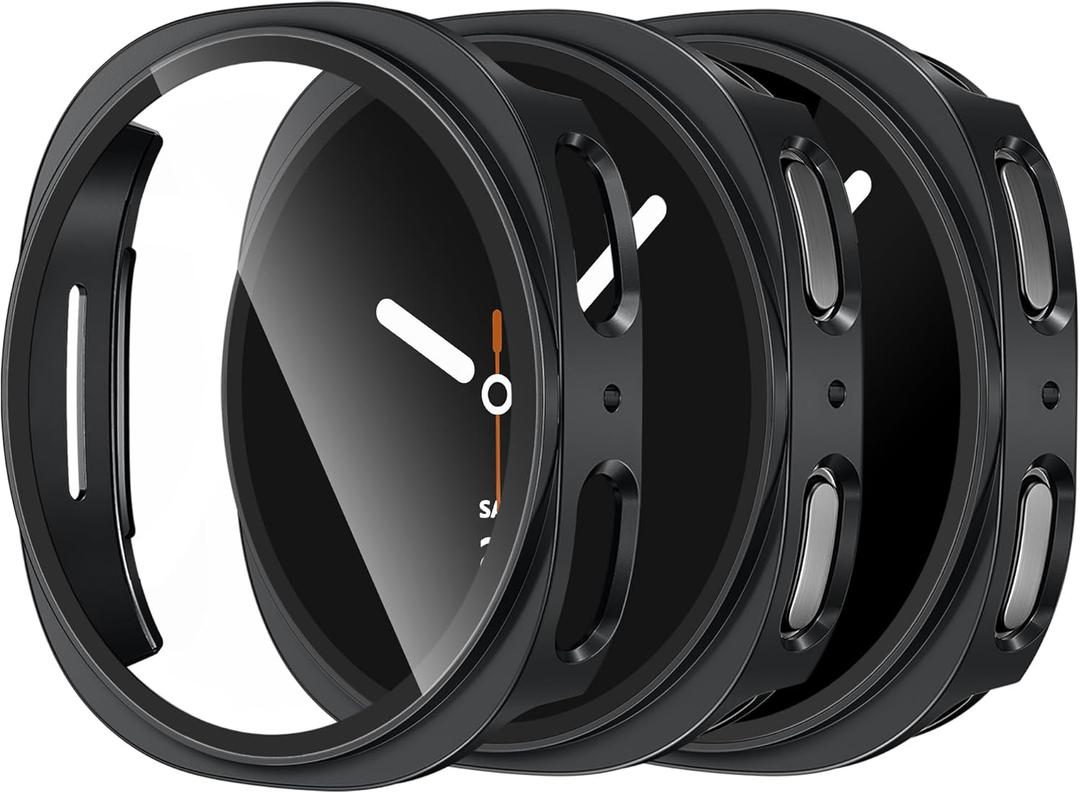DaQin 3 Pack Cases for Samsung Galaxy Watch 8 Screen Protector 44mm, Full Protection Hard PC Case with Tempered Glass Anti-Slip Scratch-Resistant Face Cover for Galaxy Watch 8 Case 44mm Accessories (Black/Black/Black)