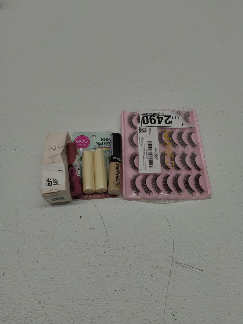 PUR Cosmetics 4-in-1 Love Your Selfie Longwear Foundation and Concealer; eos 100% Natural & Organic Lip Balm Sticks; NYX PROFESSIONAL MAKEUP Butter Gloss; L'Oreal Paris Makeup Infallible Full Wear Waterproof Matte Concealer; FARRED Natural Lashes Sho