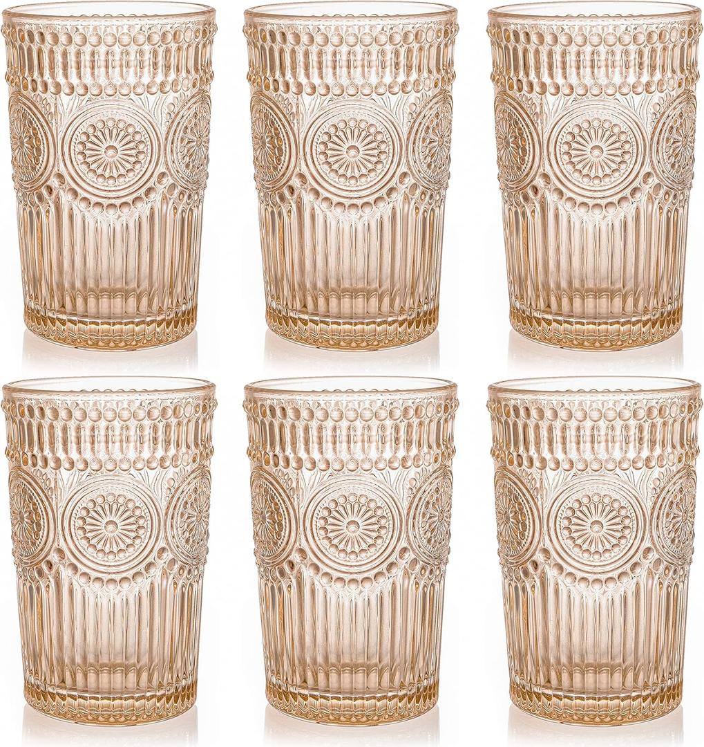 Kingrol 6 Pack 12 oz Colored Drinking Glasses, Premium Glassware Set for Water, Juice, Beverages, Cocktail - Romantic Embossed Design - for Wedding Party, Daily Use