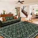 Rwlvpe Green Floral Rugs 8x10 Area Rugs for Living Room, Non Slip Stain Resistance Washable Vintage Large Area Rug for Bedroom, Low Pile Checkered Carpet for Farmhouse Dining Room Office