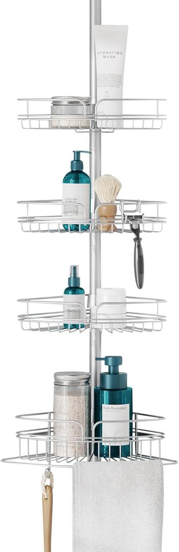Zenna Home Tension Pole Shower Caddy Corner Organizer, Adjustable Standing Shower Caddy with 4 Baskets and Built in Towel Bar, Rust Resistant Bathroom Tension Rod Organizer, 60 to 97 Inch, Chrome