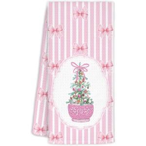 Chinoiserie Christmas Kitchen Towels,Pink Stripes Bow Coquette Christmas Tree Dish Towels,Pink Stripes Christmas Hand Towels for Bathroom Kitchen,Grandmillennial Decor,16x24 Inches