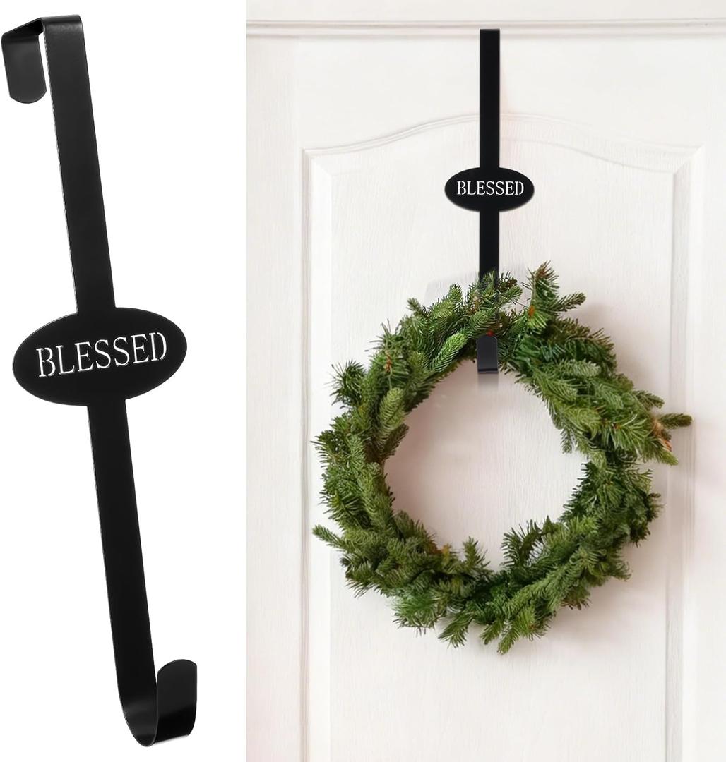 Therwen Christmas Wreath Hanger for Front Door 15' Blessed Metal Wreath Door Hanger Hook for Wreaths Blessed Welcome Sign for Xmas Party Office Home Wall Decor