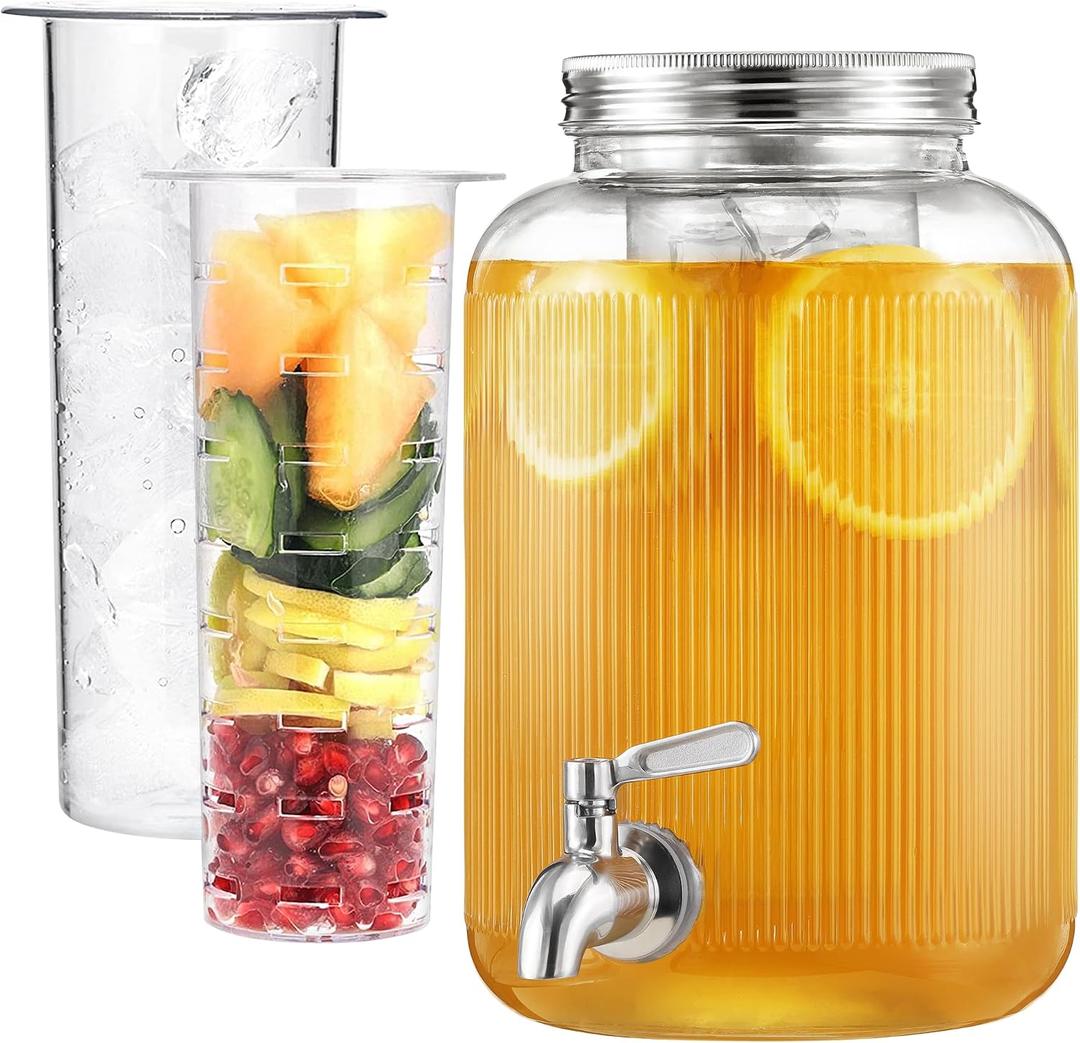 Navaris Glass Drink Dispenser with Tap - 4L (1 gal) Ripple Design Beverage Dispenser with Ice Insert & Fruit Infuser - for Cold Brew Coffee, Cocktails, Juice, Water & other Drinks