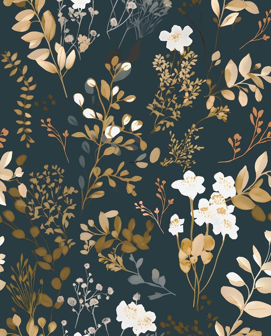 Laatse Navy Floral Wallpaper Peel and Stick Boho Wallpaper Vintage Blue/Gold Leaf Contact Paper Waterproof Self Adhesive Modern Wall Paper for Cabinet Walls Kitchen 17.5in x393in