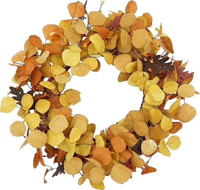Fall Wreath for Front Door Autumn Eucalyptus Wreath with Orange Eucalyptus Leaves,Woodern Oak Leaves for Farmhouse Indoor Outdoor Window Wall Door Home Decor,Gift Box