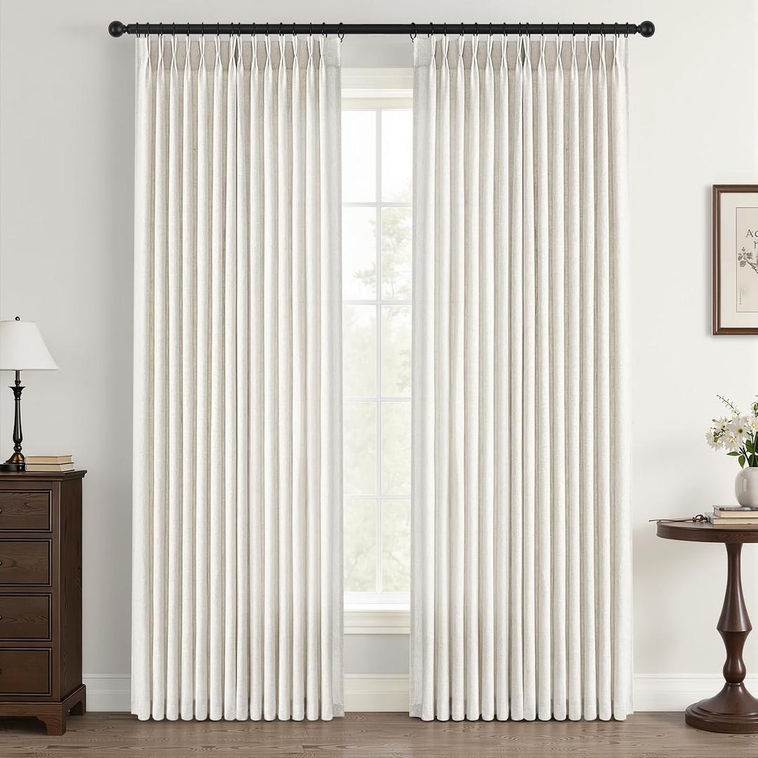 Natural Pinch Pleated Linen Curtains 84 Inch Long 2 Panels for Living Room Bedroom Country Farmhouse Thick Linen Textured Semi Sheer Back Tab Pinch Pleat Hooks Rings Window Curtain Birch Cream 72 Wide