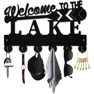 Lake House Key Holder Black Key Holder Wall Mount 11.8 x 7.5 Inch Welcome to The Lake Wooden Keychain Hanger Organizer Rack with 6Pcs Hooks for Front Door Office Bedroom Gift Bags Hanging