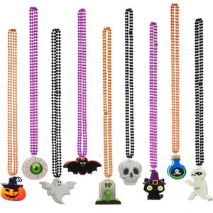 18Pcs Halloween Bead Necklaces, Purple Orange Black Beaded Necklaces With Pumpkin Ghost Pendants For Halloween Party Favors, Halloween Trick or Treat Costume