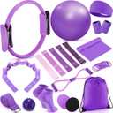 Poen 18 Pcs Home Pilates Ball and Ring Circle Set Yoga Fitness Essentials Kit with 5 Resistance Band Stretching Strap Non Slip Sock Ball Core Slider Wristband Headband Gym Bag for Women (Purple)