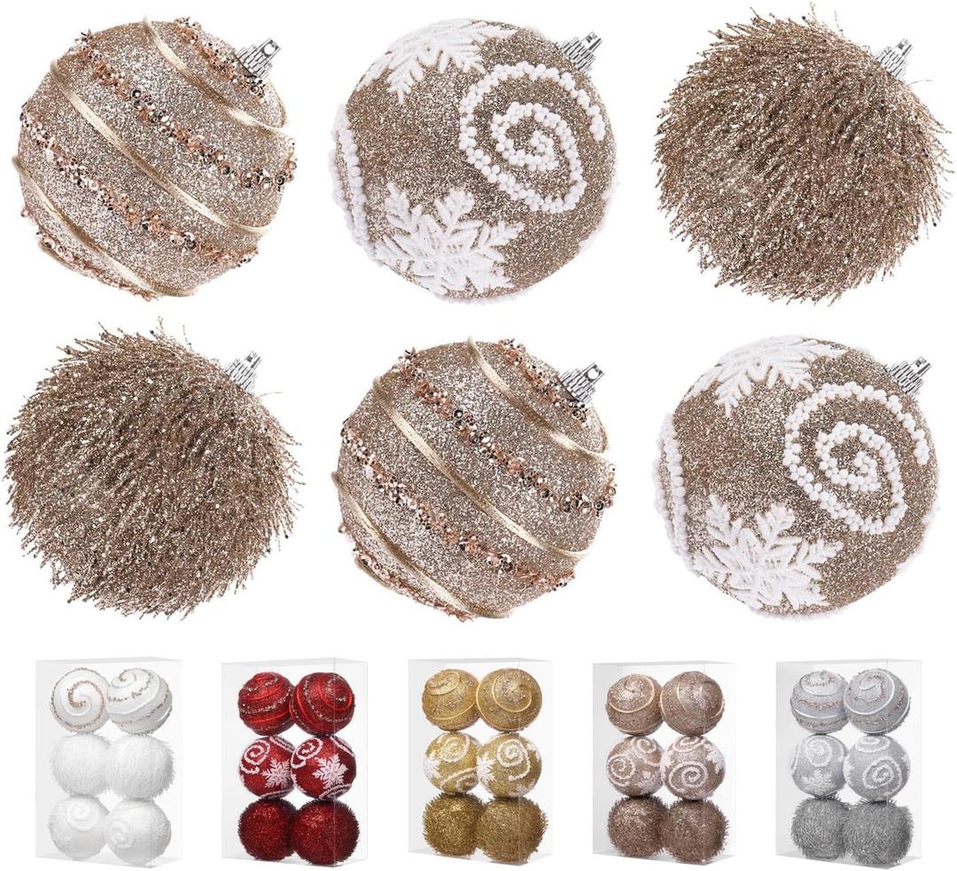 3.15" Large Christmas Ball Ornaments Shatterproof Sparkle Ornaments for Christmas Tree Large Sequin Plastic Hanging Big Tinsel Ball, 6Pcs 80mm (Champagne Gold)