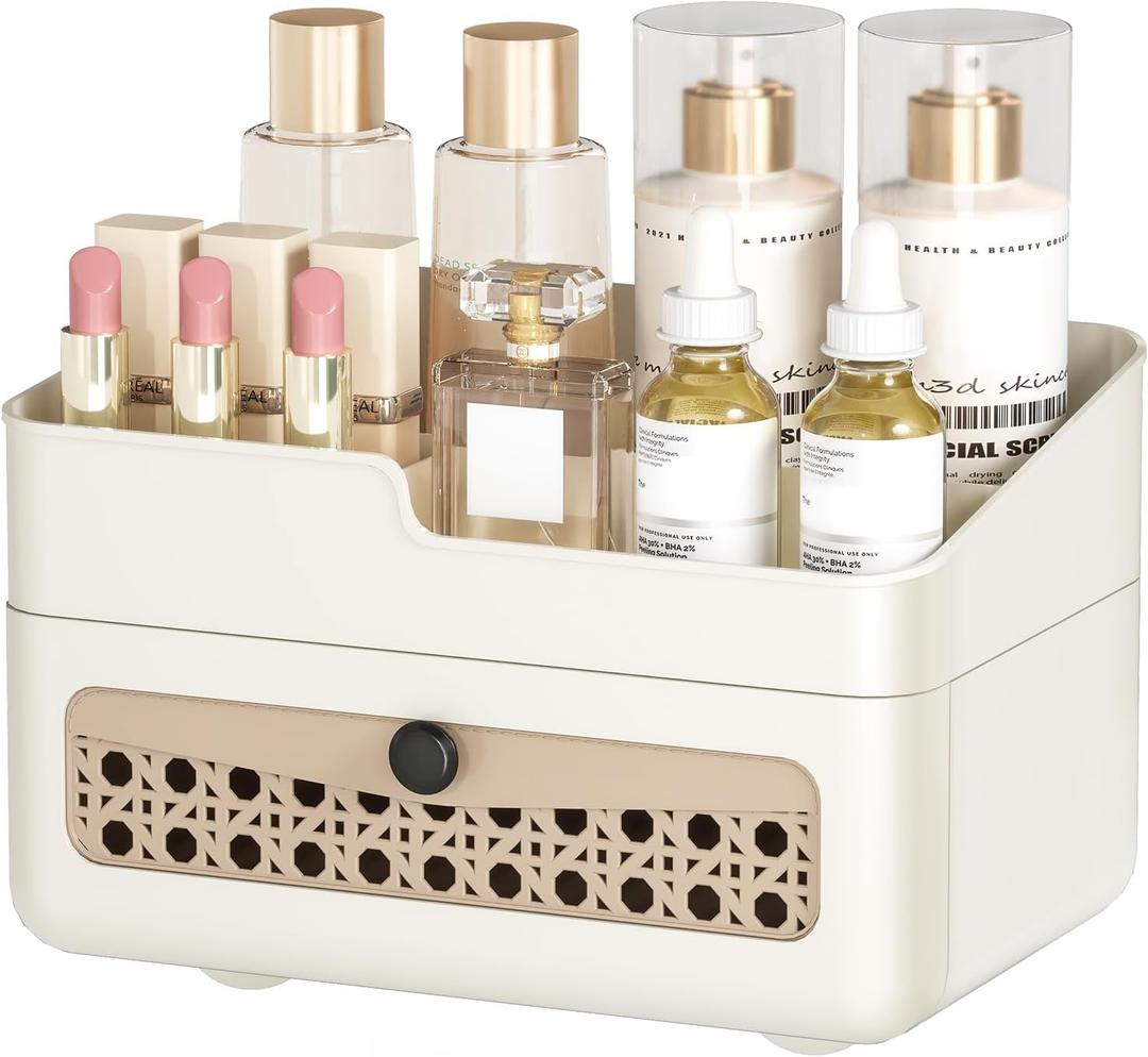 Delamu Makeup Organizer Countertop with Rattan-Style Drawer, Large Capacity Desk Organizer for Makeup, Skincare, Perfume, Multifunctional Bathroom and Vanity Organizer, Ideal for Christmas Gifts