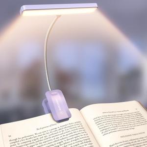 Glocusent 26 LED Book Light, 1200 mAh 90 Hrs Lasting Rechargeable Reading Light, 5 Amber Colors & Stepless Dimming Book Reading Light - Portable Clip on Light for Book Lovers Kids (Purple)