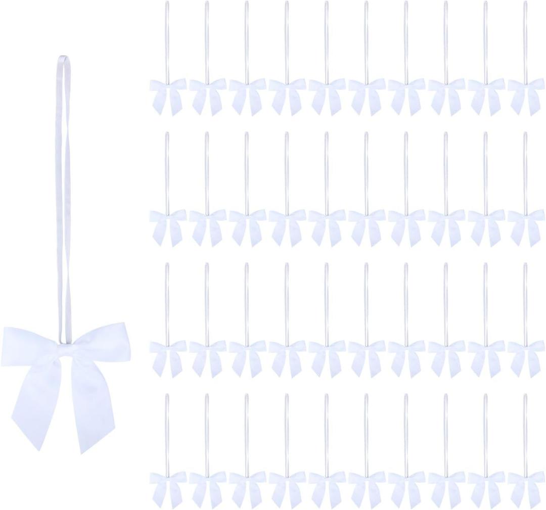 Meseey 50pcs 5 Inch Stretch Elastic Loops with Pre-Tied White Ribbon Bows for Gift Wrapping,Baby Showers, Weddings, Christmas Boxes (5", White)