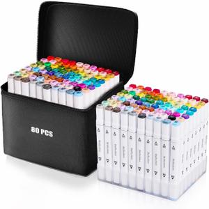 Brillcolors 80 Colors Alcohol Markers with Base Dual Tip Drawing Markers for Adult and Kids Comics Coloring Sketching Illustration (80 White) -Refillable