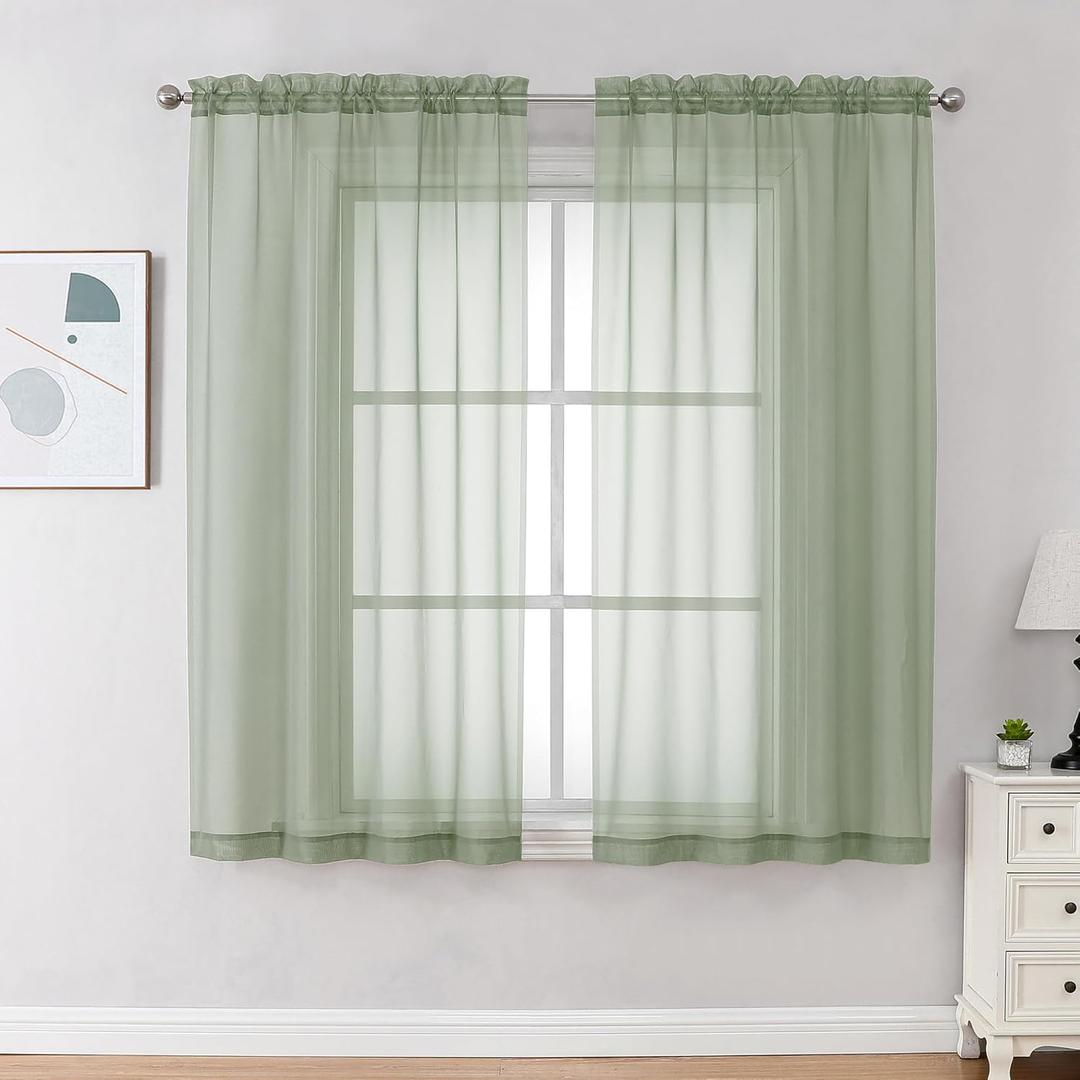 OVZME Light Green Sheer Curtains 63 inch Length 2 Panels Set for Bedroom Living Room, Elegant Light Filtering Sheer Drapes Window Treatments, Each is 42W x 63L Inches, Sage Green