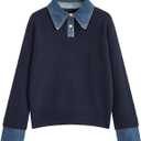 Womens Denim Lapel Sweater Oversized Long Sleeve Button Down Polo Knit Pullover Sweaters 2025 Fall Outfits (Small, Navy Blue)
