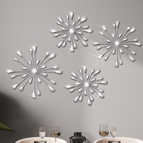 Hicarer 4 Pcs Starburst Wall Decor Bling Wall Art Crystal Teardrop 3D Hanging Rhinestone Radial Metal Artwork Modern Accent Sculptures Decorations for Living Room Home Office Bedroom(Silver)