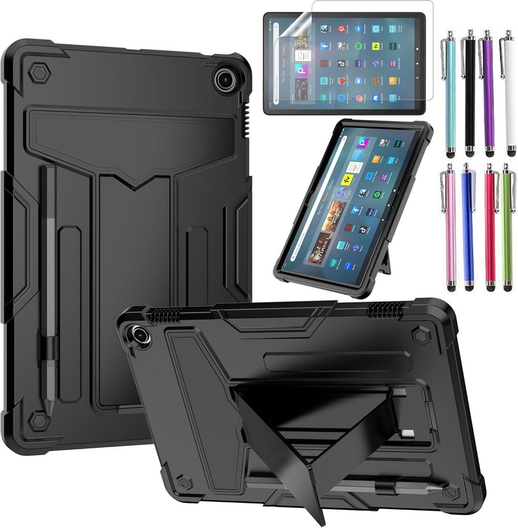 Case for Amazon Fire Max 11 (13th Generation, 2023 Released) - Heavy Duty Hybrid Protective Case Cover with Kickstand + 1 Screen Protector and 1 Random Stylus (Black/Black)
