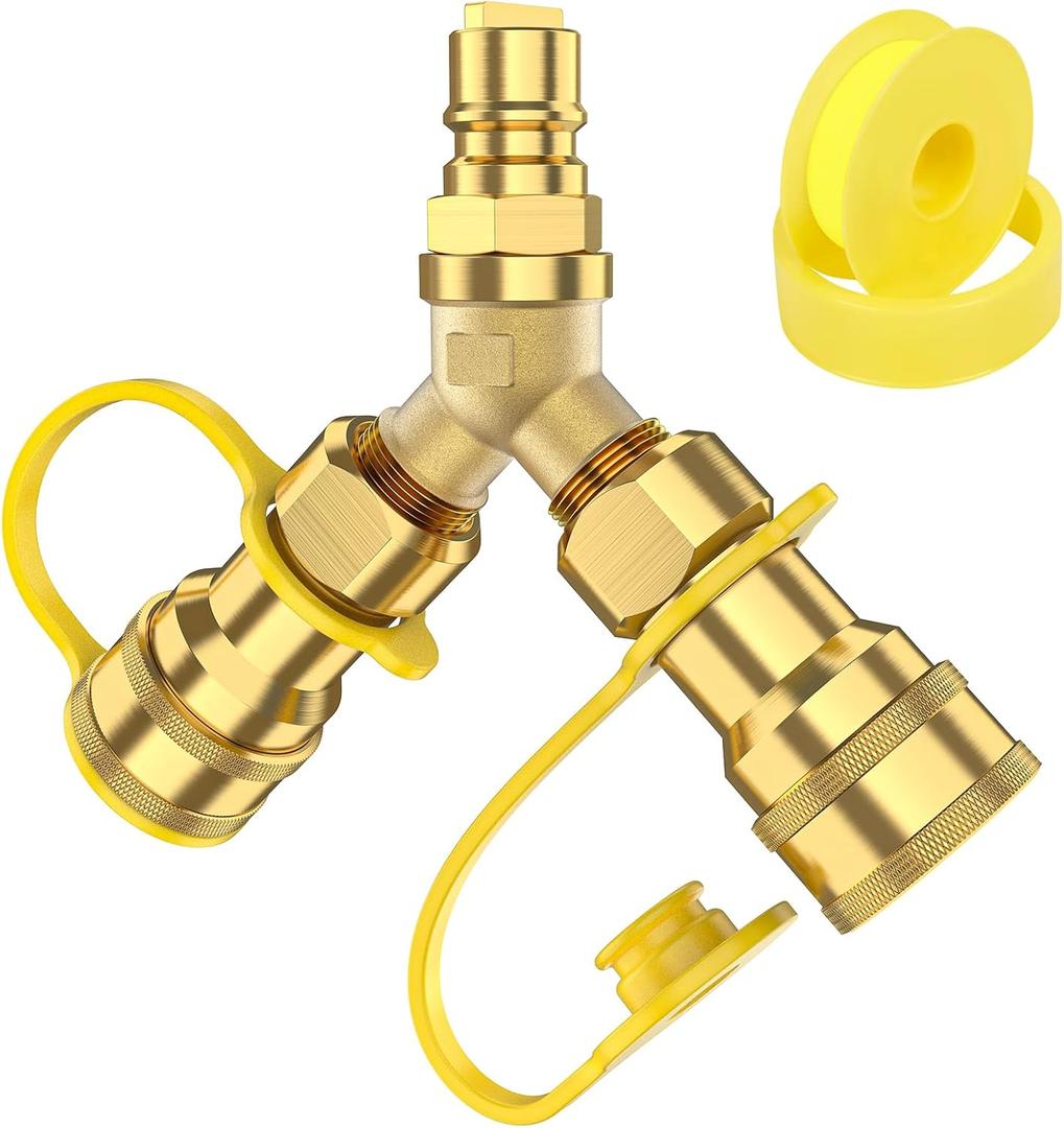 1/2 inch Natural Gas Y Splitter, 2-Way Natural Gas Quick Connect Fittings with Shut Off Valve, Conversion Kit for Gas Line, 1/2" Propane Hose, Pizza, Oven, Grill, Generator, Heater