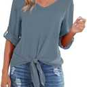 SUEANI Women's Tie Front Knot Long Sleeve Loose Fit V Neck Floral Blouses Chiffon Tops Shirts (Medium, Blue Gray)