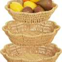 Jucoan 3 Pack Poly Wicker Bread Baskets, Imitation Rattan Fruit Baskets, Hand Woven Round Scalloped Tabletop Food Serving Basket Tray for Fruits, Vegetables and Snacks, Home Kitchen Bakery