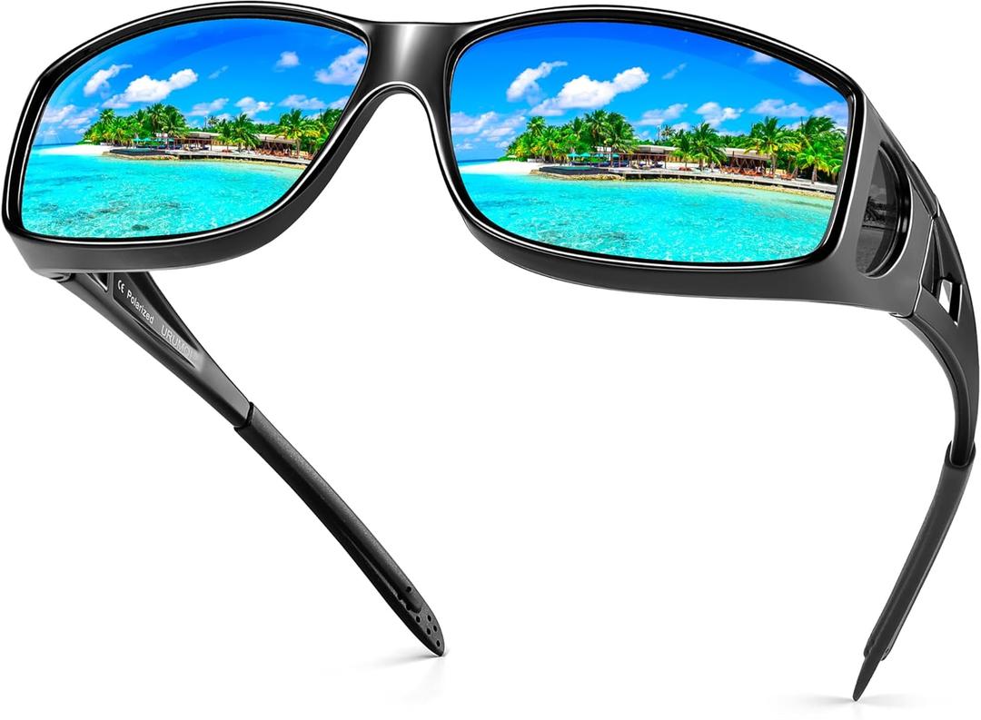 URUMQI Polarized Sunglasses Fit Over Glasses for Men Women, Wraparound Sunglasses UV400 Protection for Driving Fishing (A15 Glossy Black Frame/Blue Mirrored Lens)