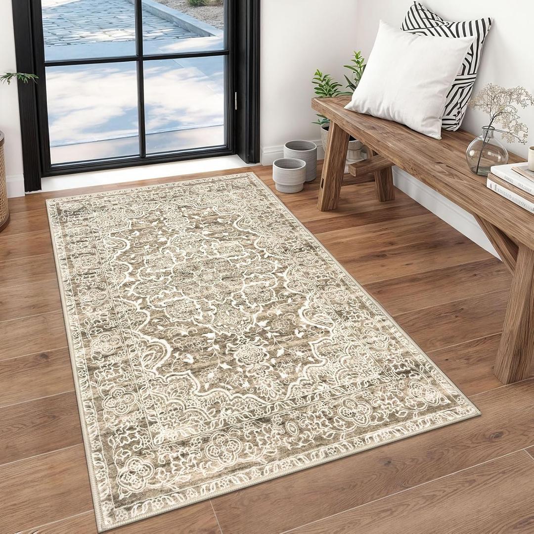 KUTA Vintage Floral Rug 3x5, Area Rugs for Living Room Beige Brown Washable Kitchen Carpet Non-Slip, Ultra Soft Printed Distressed Vintage Entry Low-Pile Throw for Living Room Dorm Dcor