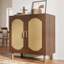 29 inch Rattan Sideboard Buffet Cabinet, Boho Credenza with 2 Doors and Adjustable Shelf, Small Coffee Bar Storage for Kitchen, Entryway (Set of 1, Dark Walnut)