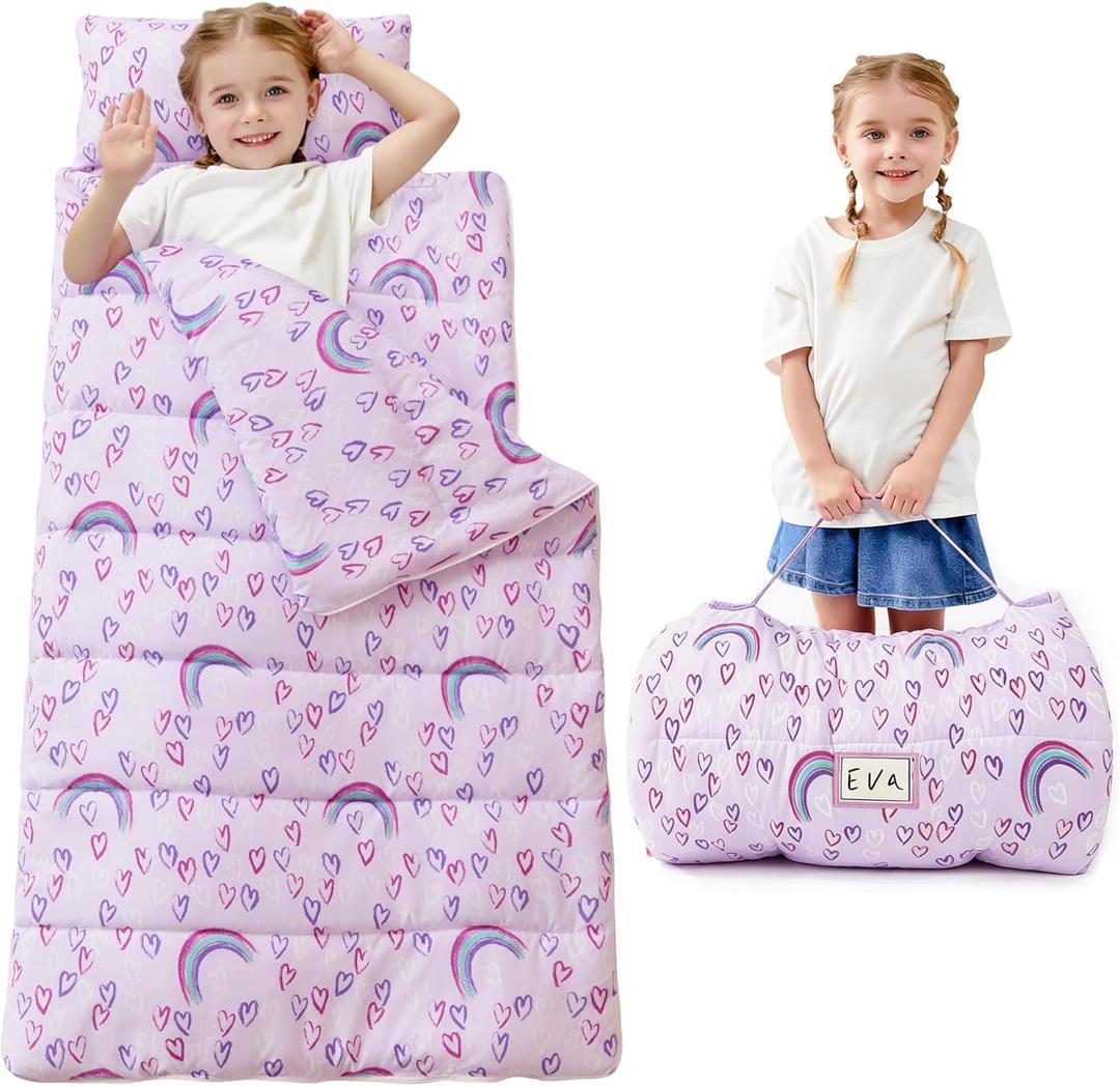 Toddler Nap Mat for Preschool 50''x30'' Sleeping Mat with Removable Pillow and Minky Blanket for Kids Ages 3-7 Roll Up Soft Sleeping Bag for Boys Girls Kindergarten Daycare Sleepover