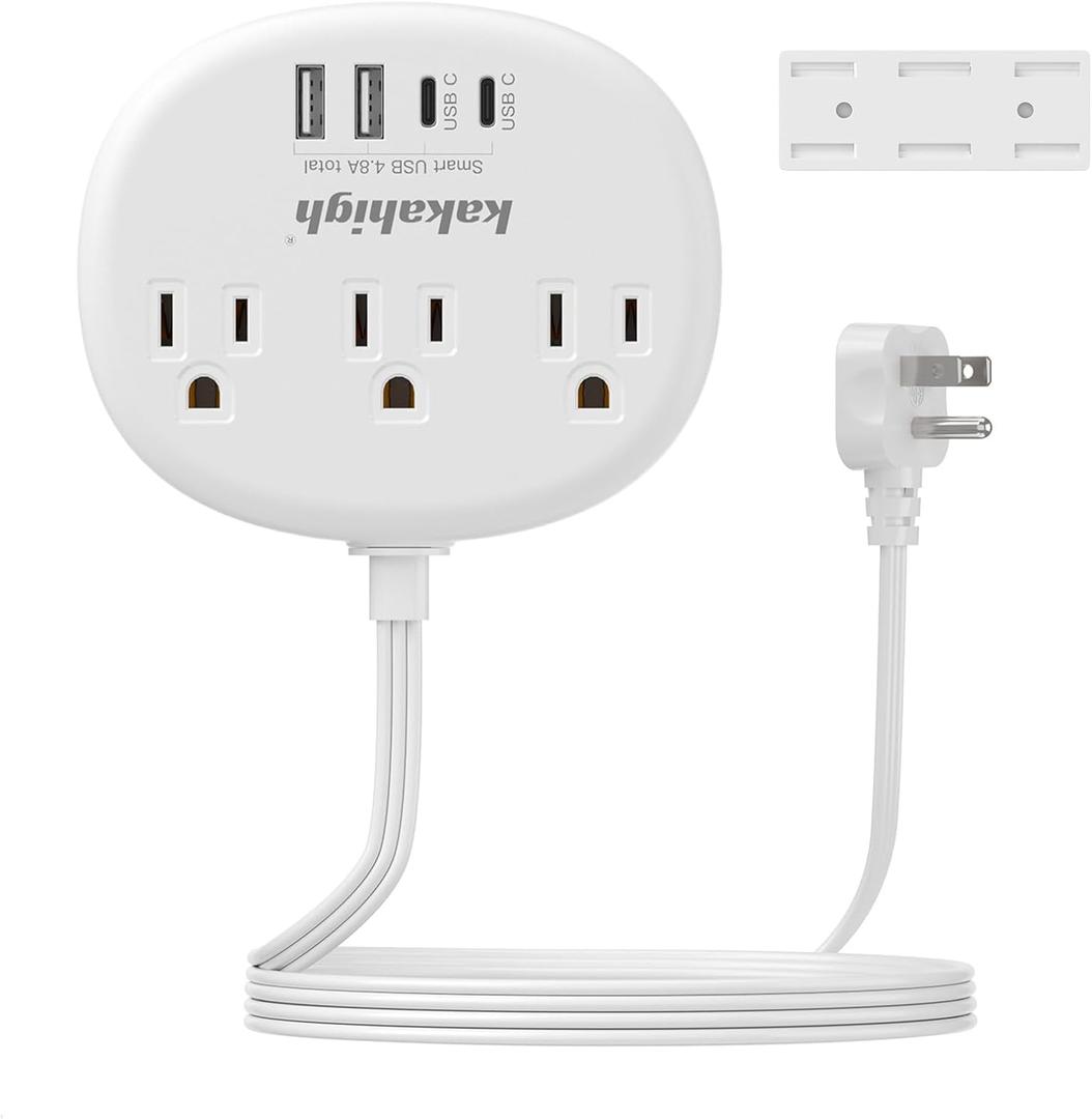 Power Outlet Relocator with Adhesive- 5 FT, 1625W Wall Mounted Extension Cord with 3 AC Outlet 4 USB (24W/4.8A), Peel and Stick Outlet for Easy Access to Low-Floor Socket