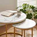 Round Nesting Coffee Table Set of 2, Modern Marble Pattern Wooden Nesting Tables, Stacking Minimalist Nesting Tables for Living Room Bedroom Small Space, (Gold Leg+White top)