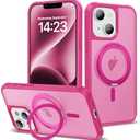 XIEWE for iPhone 13/14 Case 6.1 Inches 360°Rotatable Magnetic Ring Invisible Stand,[Compatible with Mag-Safe] Military Shockproof Frosted Translucent Case,Hot Pink, Pack Of 2