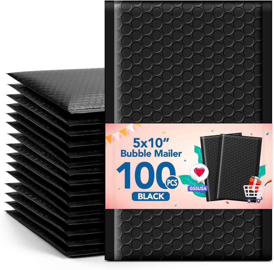 GSSUSA Black Bubble Mailers 5x10" Small Padded Envelopes 100 Pack Usable Size 5X9" Bubble Shipping Envelopes,Strong Adhesion Padded Mailer,Self-Seal Bubble Envelopes for Small Business.