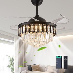 48" Dimmable Black Fandelier Ceiling Fans with Lights and Remote Modern Retractable Blade Chandelier Fan Ceiling Lighting Fan Kit for Bedroom Dinning Room Living Room