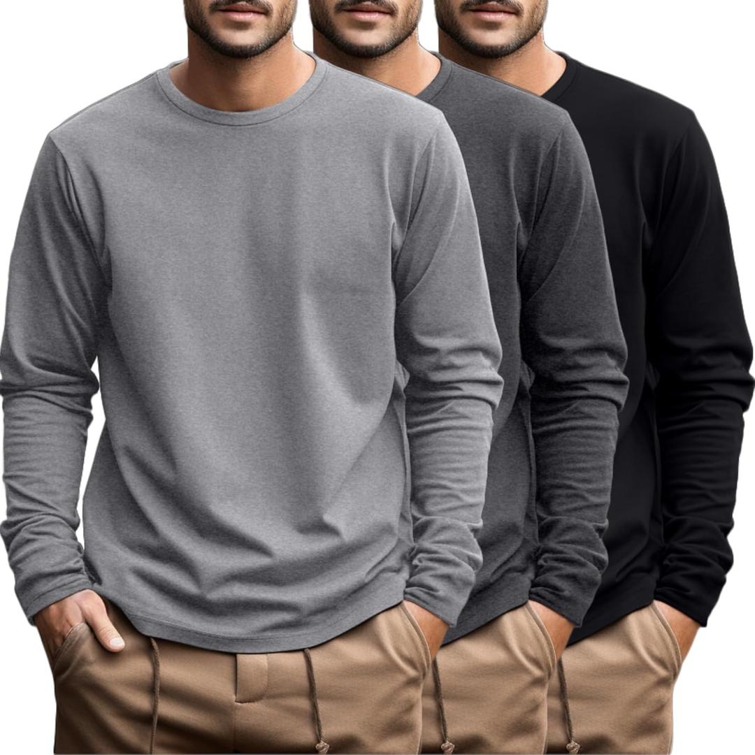 Ficerd 3 Pack Men's Big and Tall Shirts Long Sleeve Cotton Tee Crew Neck Oversize Tops Casual Loose Fit Knitted T Shirts (XX-Large, Black, Dark Gray, Light Gray)