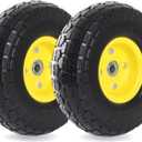 (2-Pack) 10-Inch Solid Tire Wheels - Replacement 4.10/3.50-4" Flat Free Tires and Wheels with 5/8" Axle Bore Hole Bearings, 2.17" Offset Hub -Perfect for Hand Truck, Wheelbarrow, Gorilla Carts (Yellow)