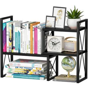 Expandable Desktop Shelf Organizer, 2 Tier Wood Desk Shelf for Office, Metal Corner Bookshelf, Countertop Storage Rack (Black)